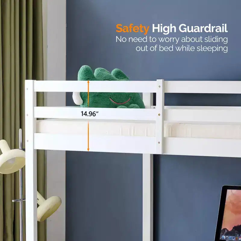 Lit mezzanine avec bureau, lit superposé double en bois avec LED RGB pour adultes, 2 stations de charge sur la balustrade haute, support à lattes en bois, blanc