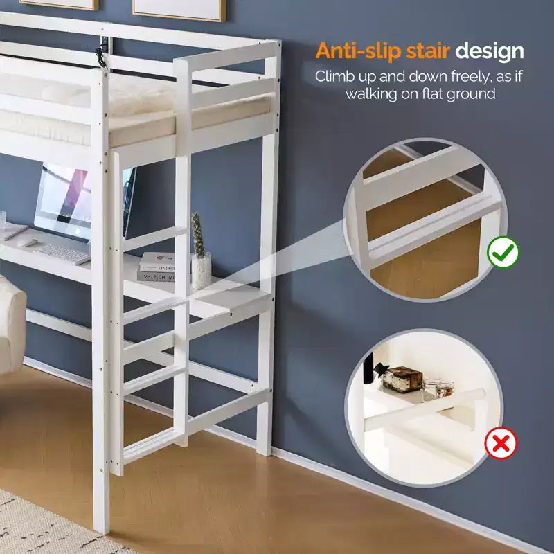 Lit mezzanine avec bureau, lit superposé double en bois avec LED RGB pour adultes, 2 stations de charge sur la balustrade haute, support à lattes en bois, blanc