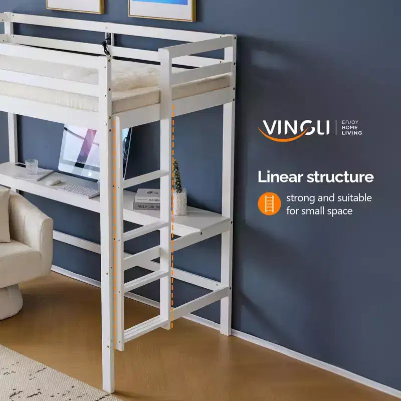 Lit mezzanine avec bureau, lit superposé double en bois avec LED RGB pour adultes, 2 stations de charge sur la balustrade haute, support à lattes en bois, blanc