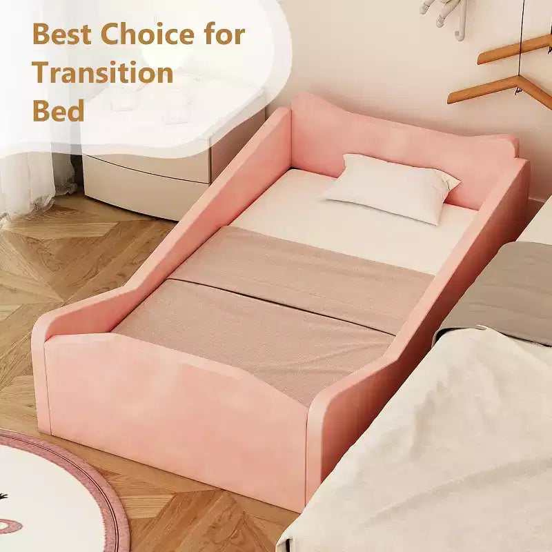 Lit de sol pour tout-petit avec barrière de sécurité et oreilles d'animaux, rose