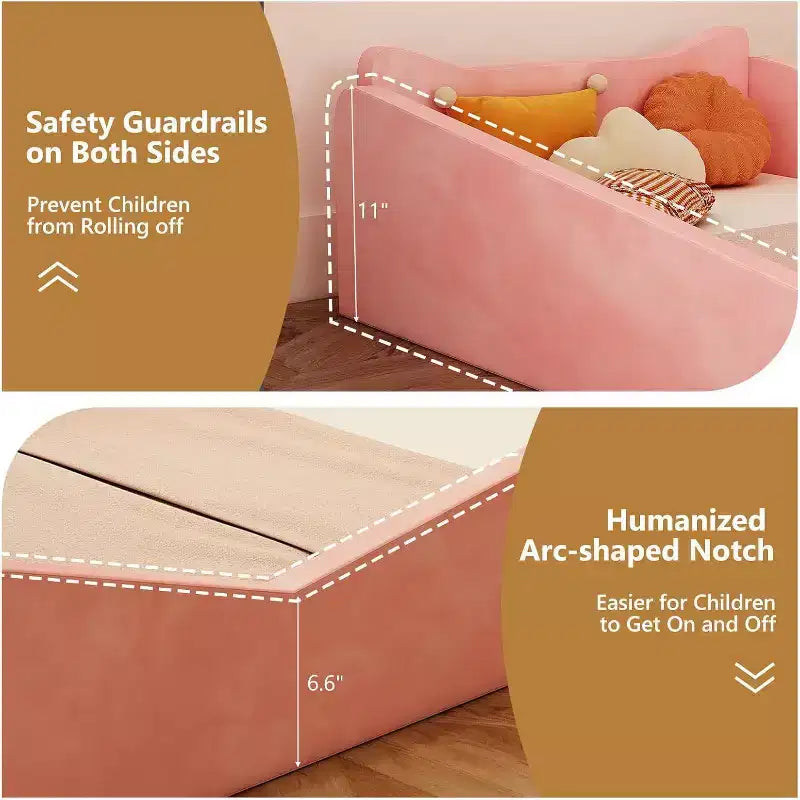 Lit de sol pour tout-petit avec barrière de sécurité et oreilles d'animaux, rose