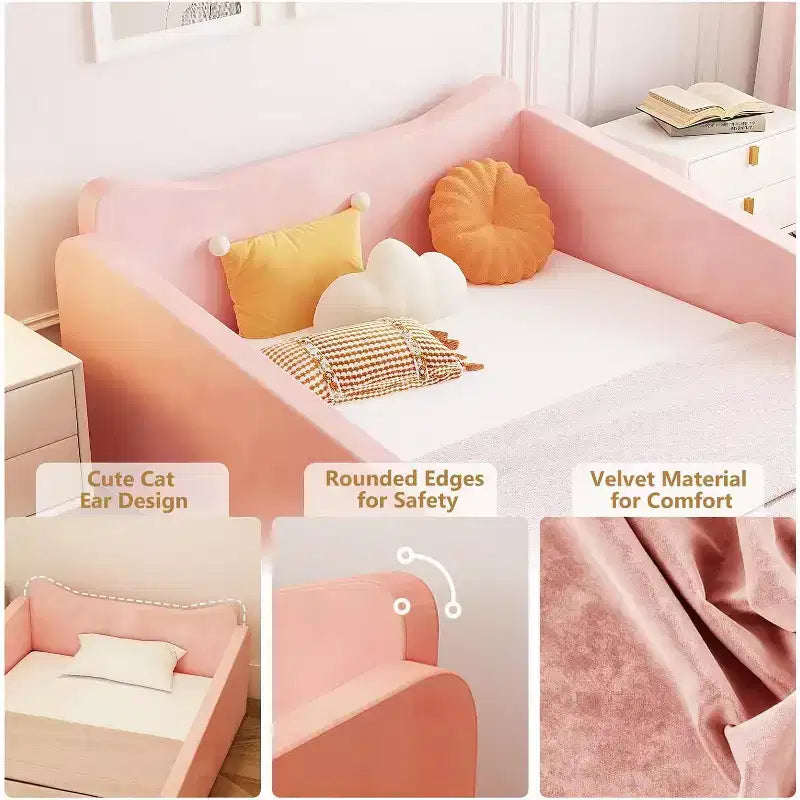 Lit de sol pour tout-petit avec barrière de sécurité et oreilles d'animaux, rose