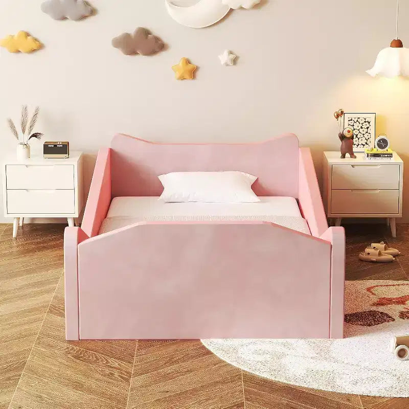 Lit de sol pour tout-petit avec barrière de sécurité et oreilles d'animaux, rose