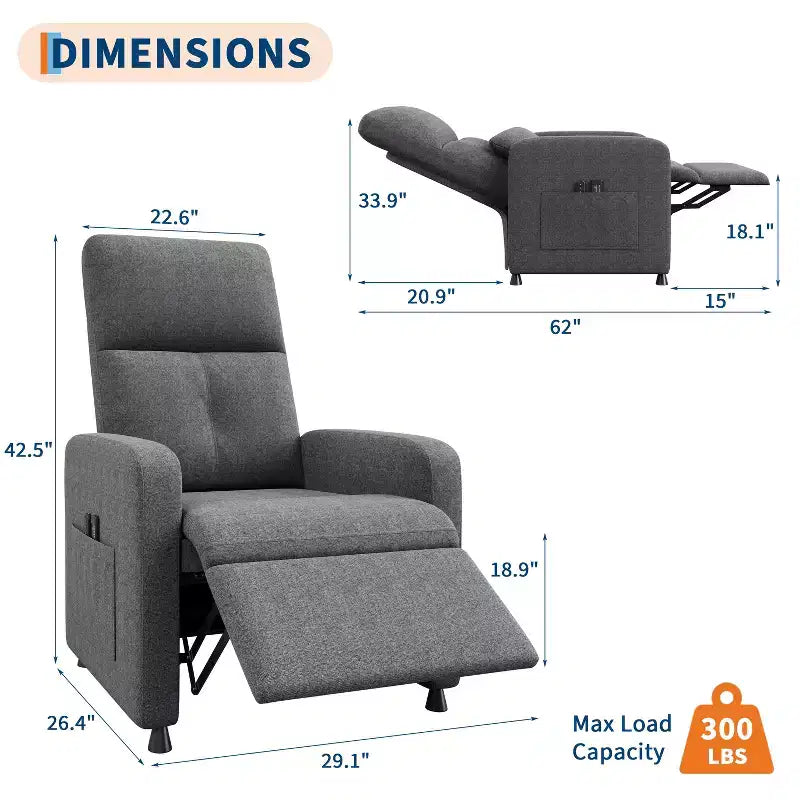 Fauteuil inclinable électrique avec massage et chaleur, port USB, 2 poches latérales