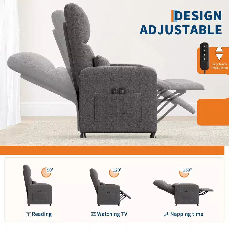 Fauteuil inclinable électrique avec massage et chaleur, port USB, 2 poches latérales