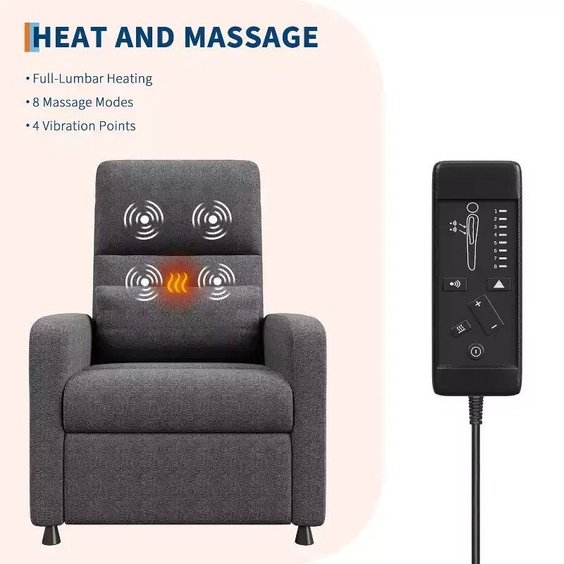 Fauteuil inclinable électrique avec massage et chaleur, port USB, 2 poches latérales