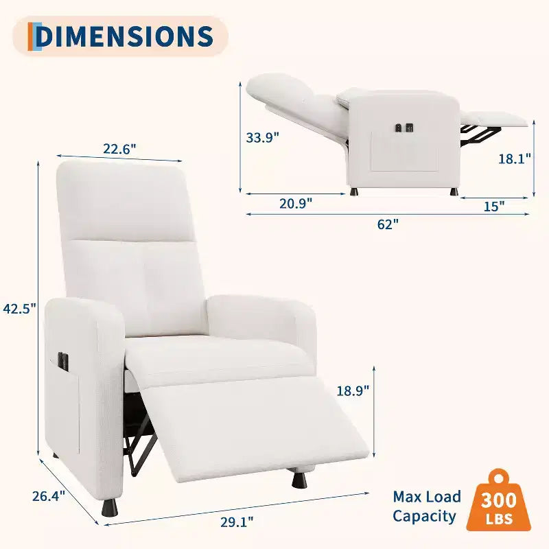 Fauteuil inclinable électrique avec massage et chaleur, port USB, 2 poches latérales