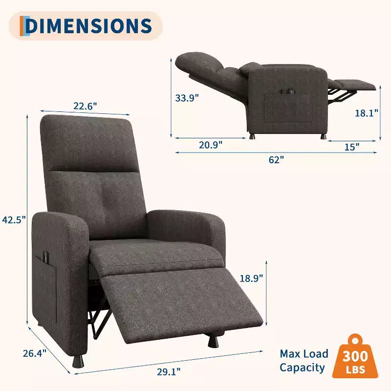 Fauteuil inclinable électrique avec massage et chaleur, port USB, 2 poches latérales