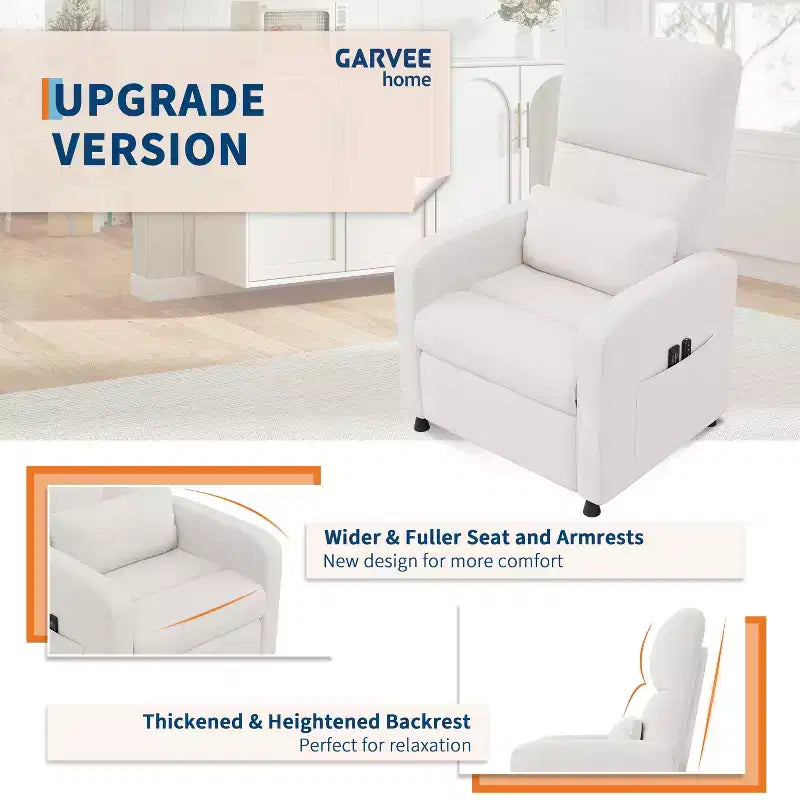 Fauteuil inclinable électrique avec massage et chaleur, port USB, 2 poches latérales