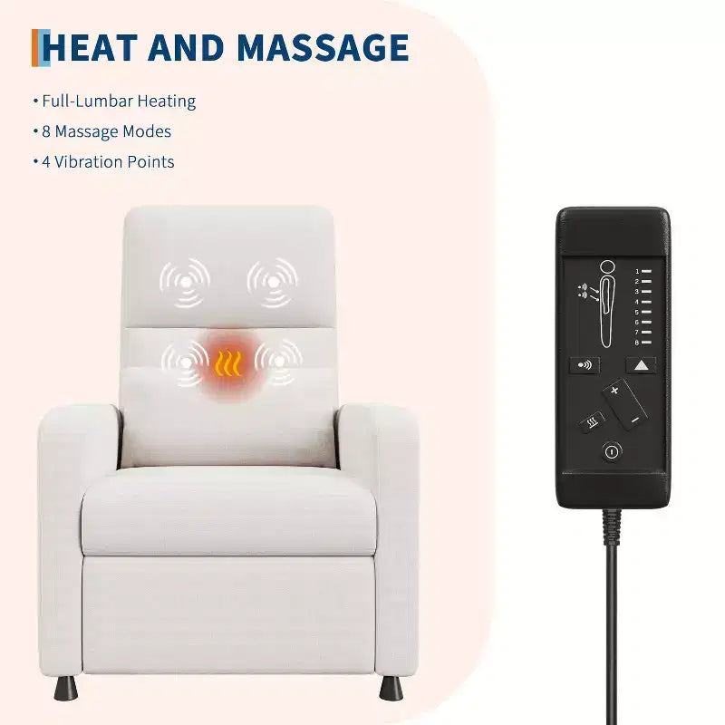 Fauteuil inclinable électrique avec massage et chaleur, port USB, 2 poches latérales