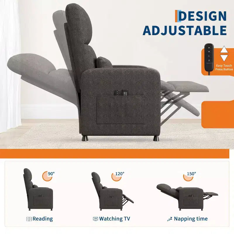 Fauteuil inclinable électrique avec massage et chaleur, port USB, 2 poches latérales