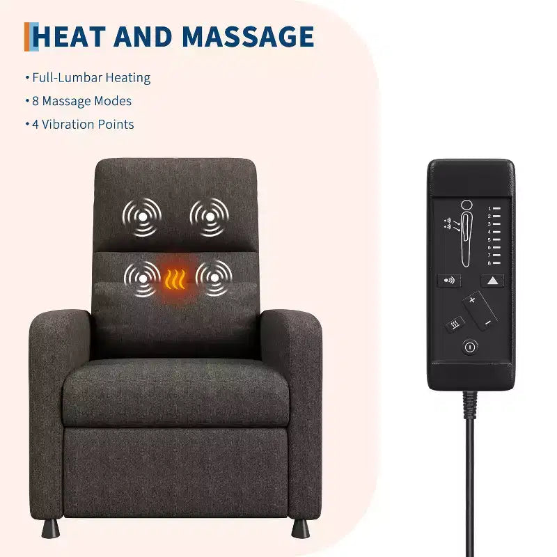 Fauteuil inclinable électrique avec massage et chaleur, port USB, 2 poches latérales