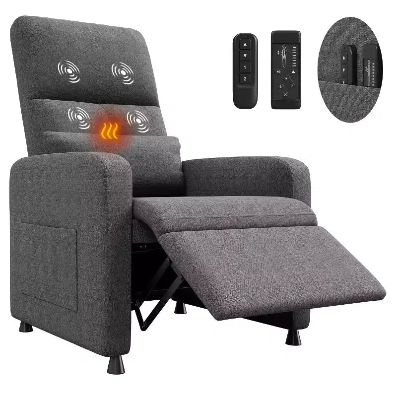 Fauteuil inclinable électrique avec massage et chaleur, port USB, 2 poches latérales