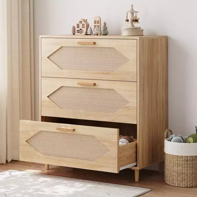 Commode 3 tiroirs en rotin avec grand espace de rangement pour chambre, salon et couloir