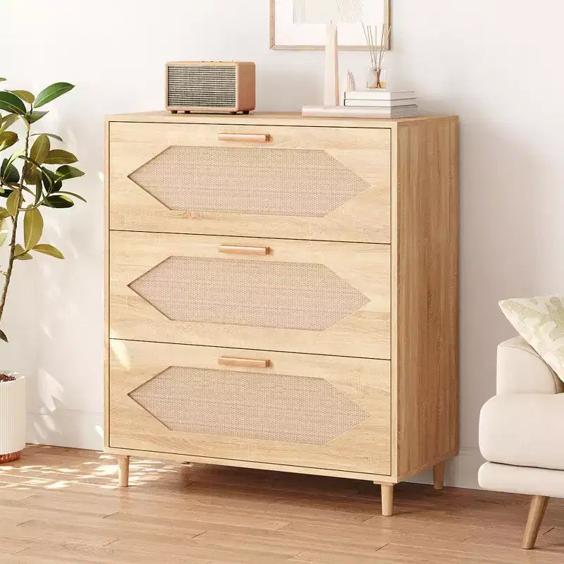 Commode 3 tiroirs en rotin avec grand espace de rangement pour chambre, salon et couloir