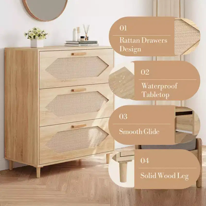 Commode 3 tiroirs en rotin avec grand espace de rangement pour chambre, salon et couloir