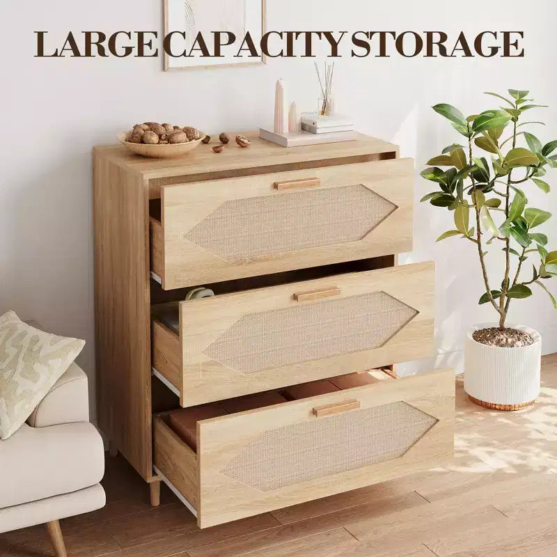 Commode 3 tiroirs en rotin avec grand espace de rangement pour chambre, salon et couloir