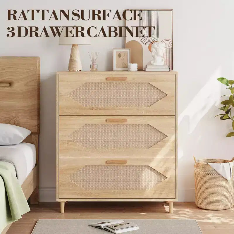 Commode 3 tiroirs en rotin avec grand espace de rangement pour chambre, salon et couloir