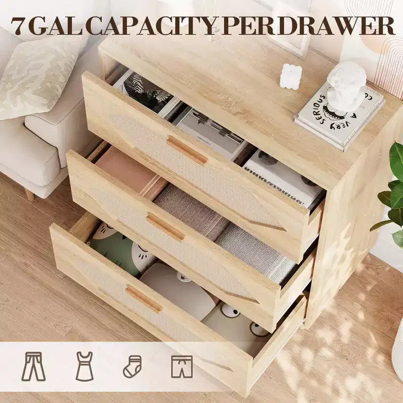 Commode 3 tiroirs en rotin avec grand espace de rangement pour chambre, salon et couloir