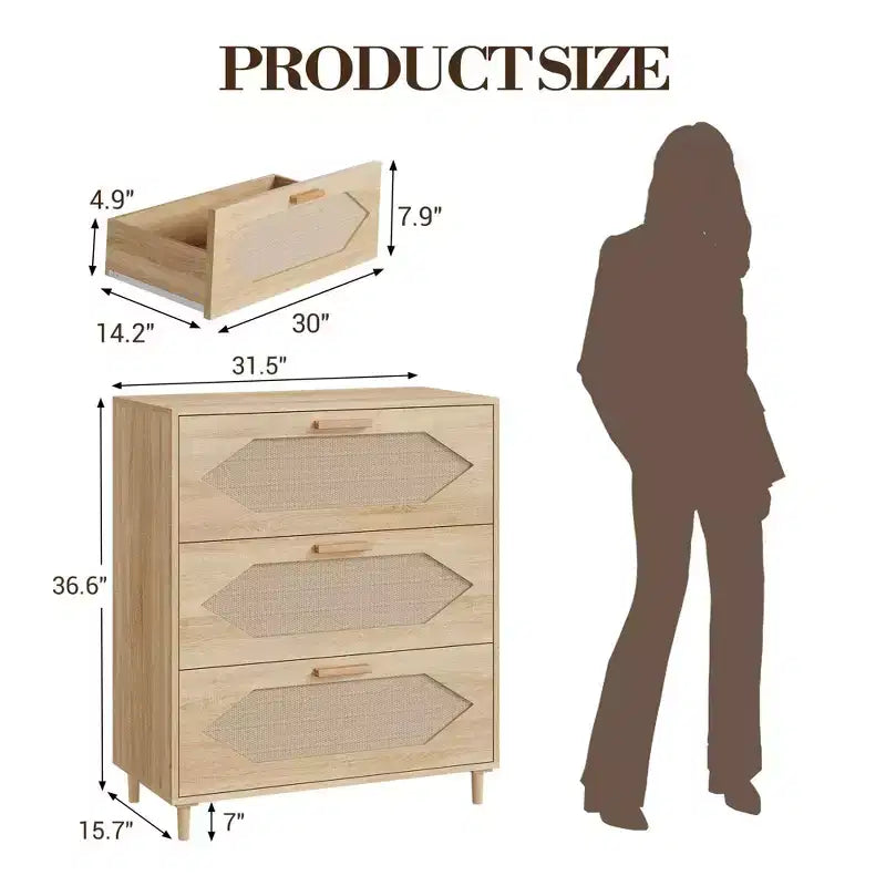 Commode 3 tiroirs en rotin avec grand espace de rangement pour chambre, salon et couloir