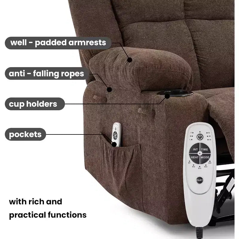 Fauteuil inclinable surdimensionné avec poches latérales et 2 porte-gobelets, tissu respirant ergonomique rembourré, pour salon
