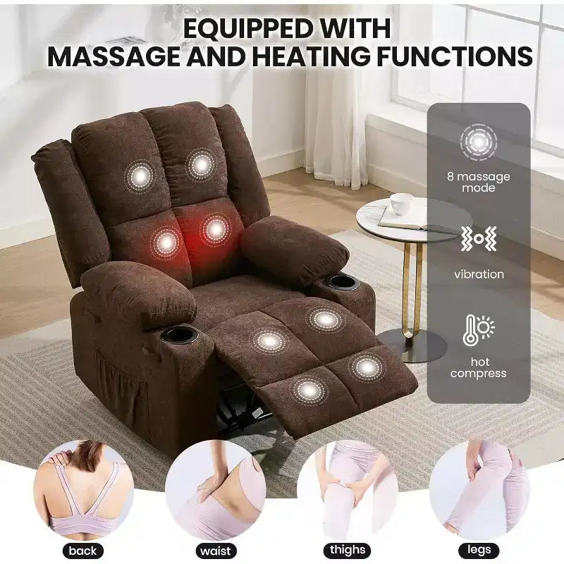 Fauteuil inclinable surdimensionné avec poches latérales et 2 porte-gobelets, tissu respirant ergonomique rembourré, pour salon
