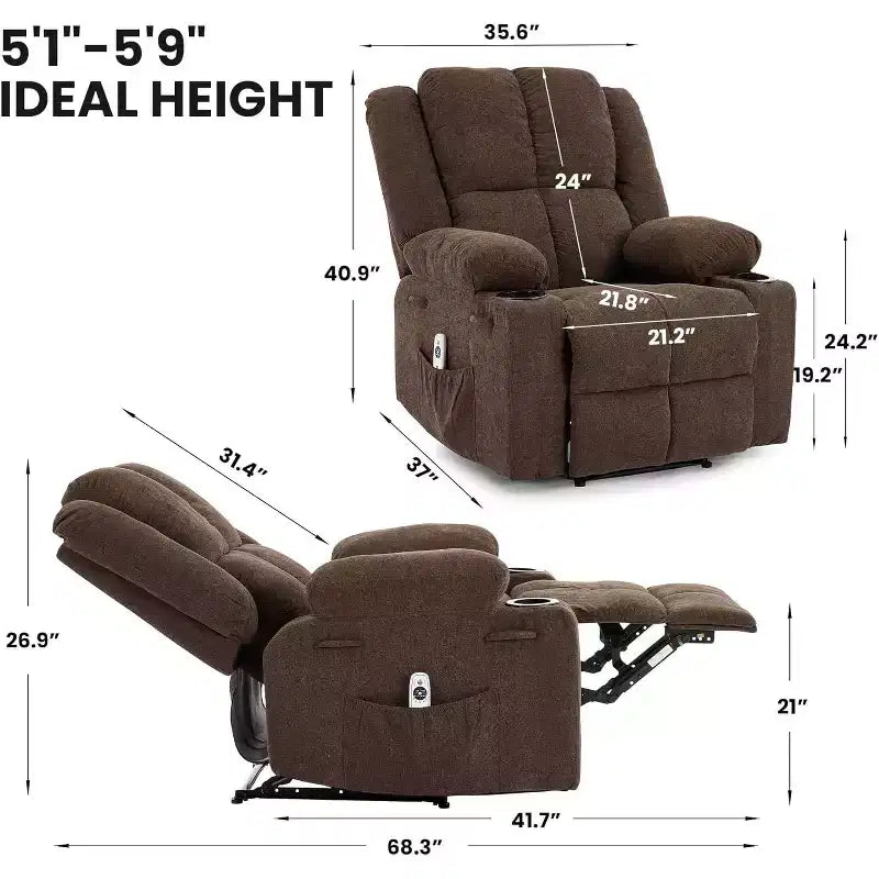 Fauteuil inclinable surdimensionné avec poches latérales et 2 porte-gobelets, tissu respirant ergonomique rembourré, pour salon