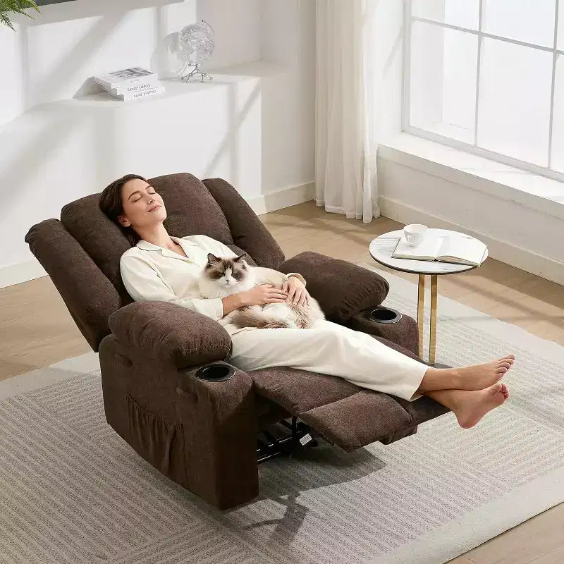 Fauteuil inclinable surdimensionné avec poches latérales et 2 porte-gobelets, tissu respirant ergonomique rembourré, pour salon