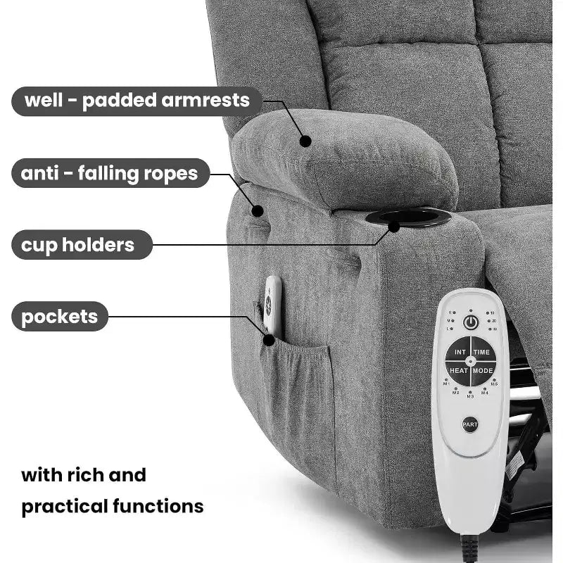 Fauteuil inclinable surdimensionné avec poches latérales et 2 porte-gobelets, tissu respirant ergonomique rembourré, pour salon
