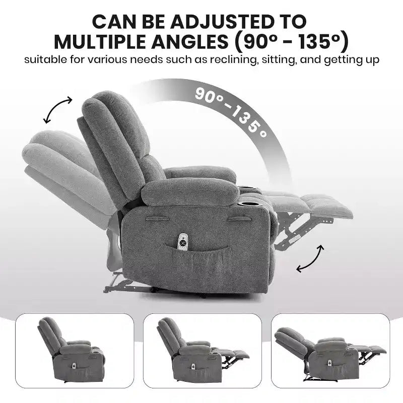 Fauteuil inclinable surdimensionné avec poches latérales et 2 porte-gobelets, tissu respirant ergonomique rembourré, pour salon