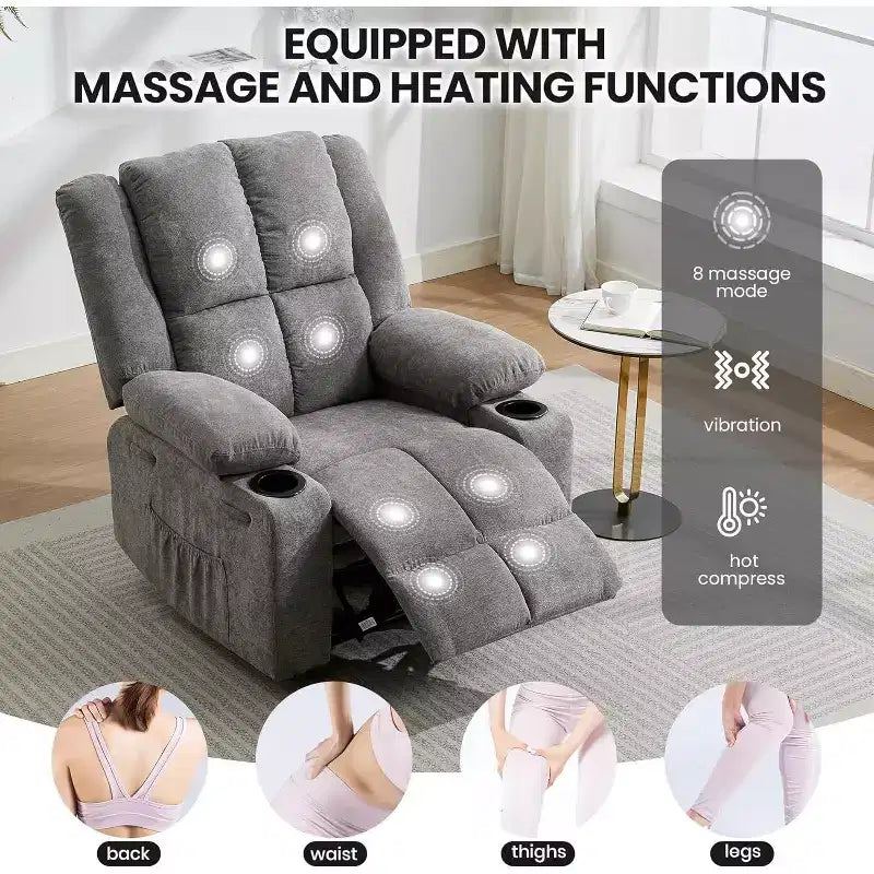Fauteuil inclinable surdimensionné avec poches latérales et 2 porte-gobelets, tissu respirant ergonomique rembourré, pour salon