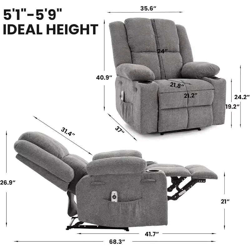 Fauteuil inclinable surdimensionné avec poches latérales et 2 porte-gobelets, tissu respirant ergonomique rembourré, pour salon
