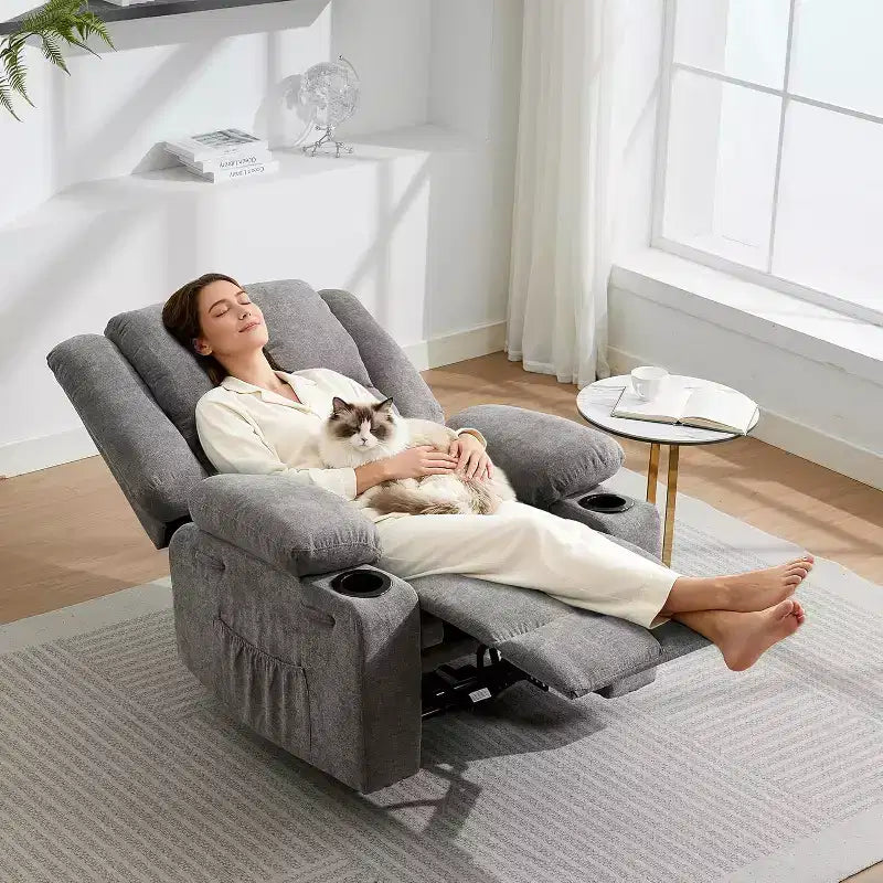 Fauteuil inclinable surdimensionné avec poches latérales et 2 porte-gobelets, tissu respirant ergonomique rembourré, pour salon