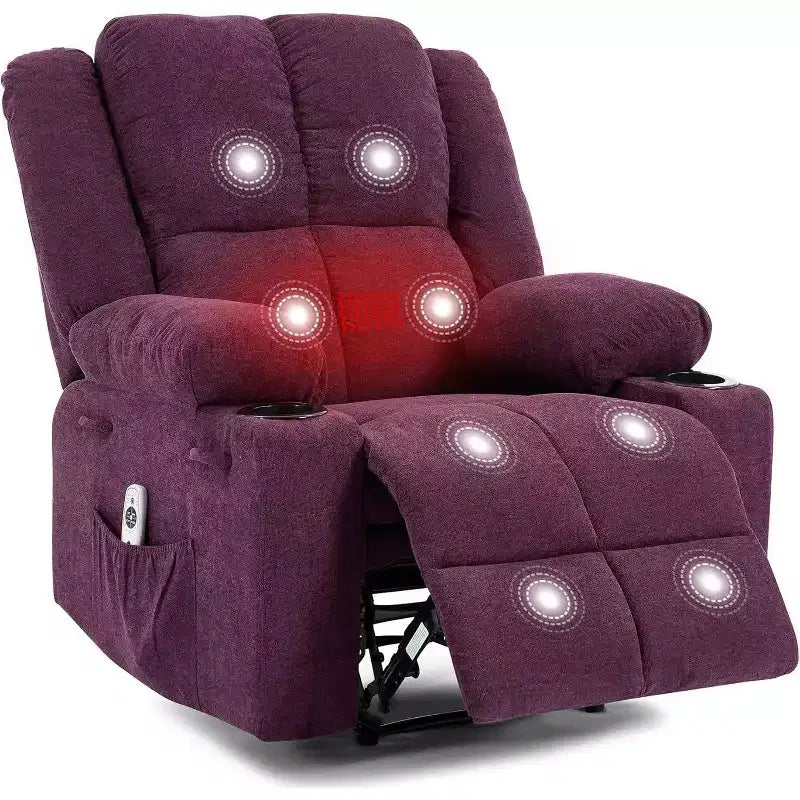 Fauteuil inclinable surdimensionné avec poches latérales et 2 porte-gobelets, tissu respirant ergonomique rembourré, pour salon