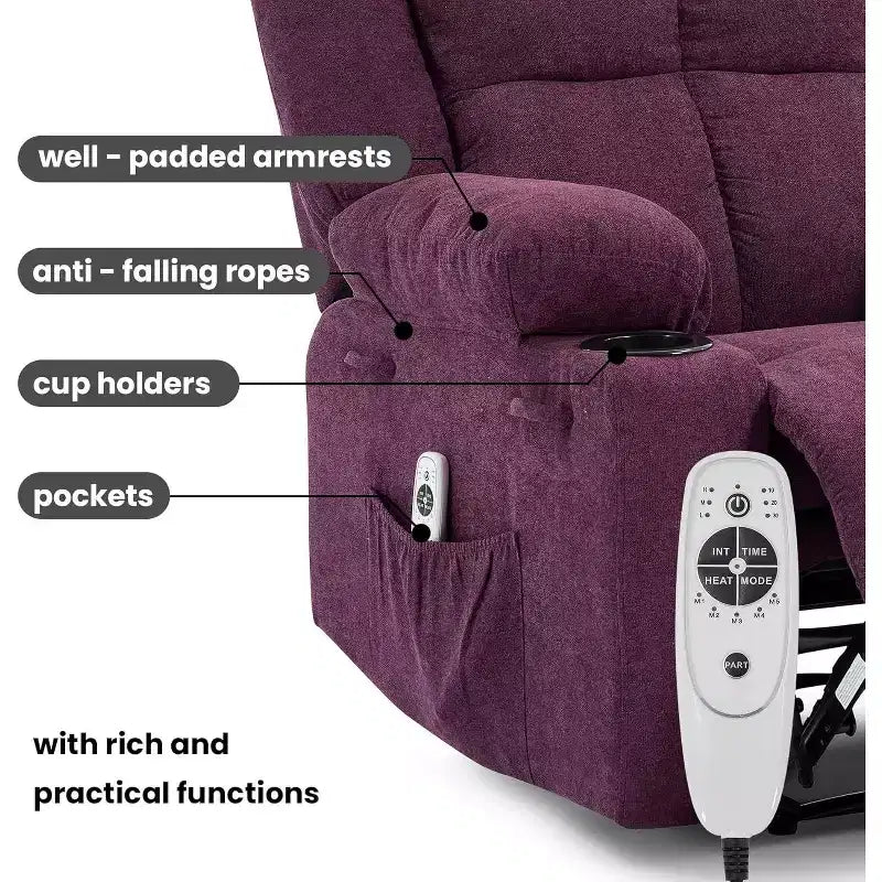 Fauteuil inclinable surdimensionné avec poches latérales et 2 porte-gobelets, tissu respirant ergonomique rembourré, pour salon
