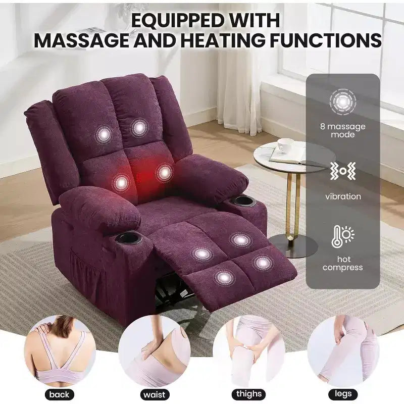 Fauteuil inclinable surdimensionné avec poches latérales et 2 porte-gobelets, tissu respirant ergonomique rembourré, pour salon