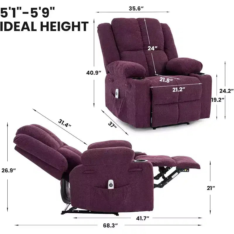 Fauteuil inclinable surdimensionné avec poches latérales et 2 porte-gobelets, tissu respirant ergonomique rembourré, pour salon