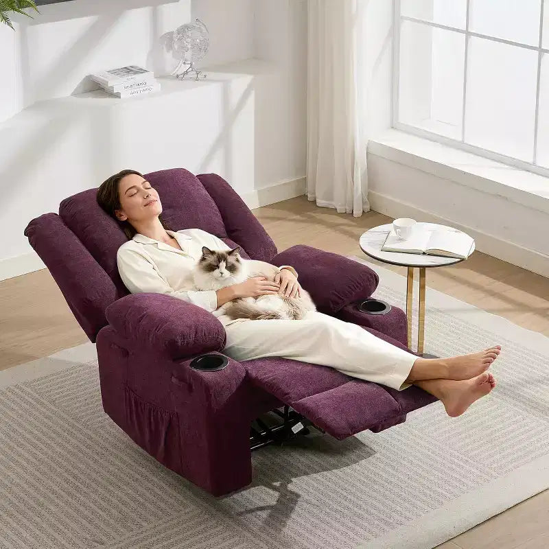 Fauteuil inclinable surdimensionné avec poches latérales et 2 porte-gobelets, tissu respirant ergonomique rembourré, pour salon