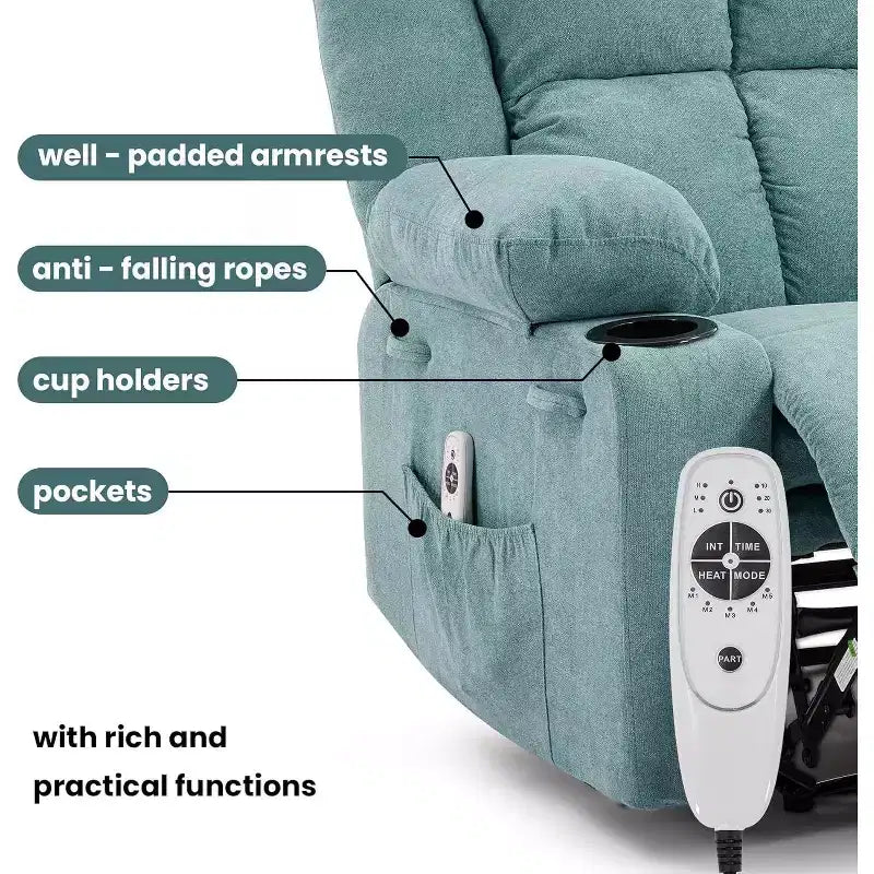 Fauteuil inclinable surdimensionné avec poches latérales et 2 porte-gobelets, tissu respirant ergonomique rembourré, pour salon