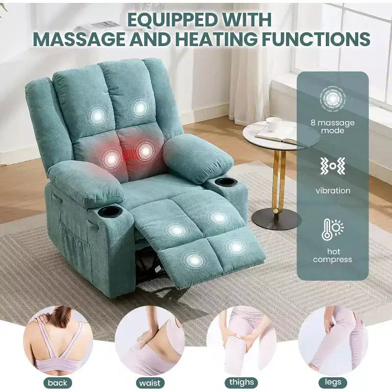 Fauteuil inclinable surdimensionné avec poches latérales et 2 porte-gobelets, tissu respirant ergonomique rembourré, pour salon