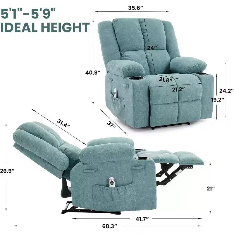 Fauteuil inclinable surdimensionné avec poches latérales et 2 porte-gobelets, tissu respirant ergonomique rembourré, pour salon