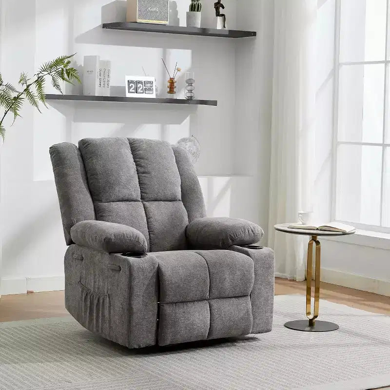 Fauteuil inclinable surdimensionné avec poches latérales et 2 porte-gobelets, tissu respirant ergonomique rembourré, pour salon