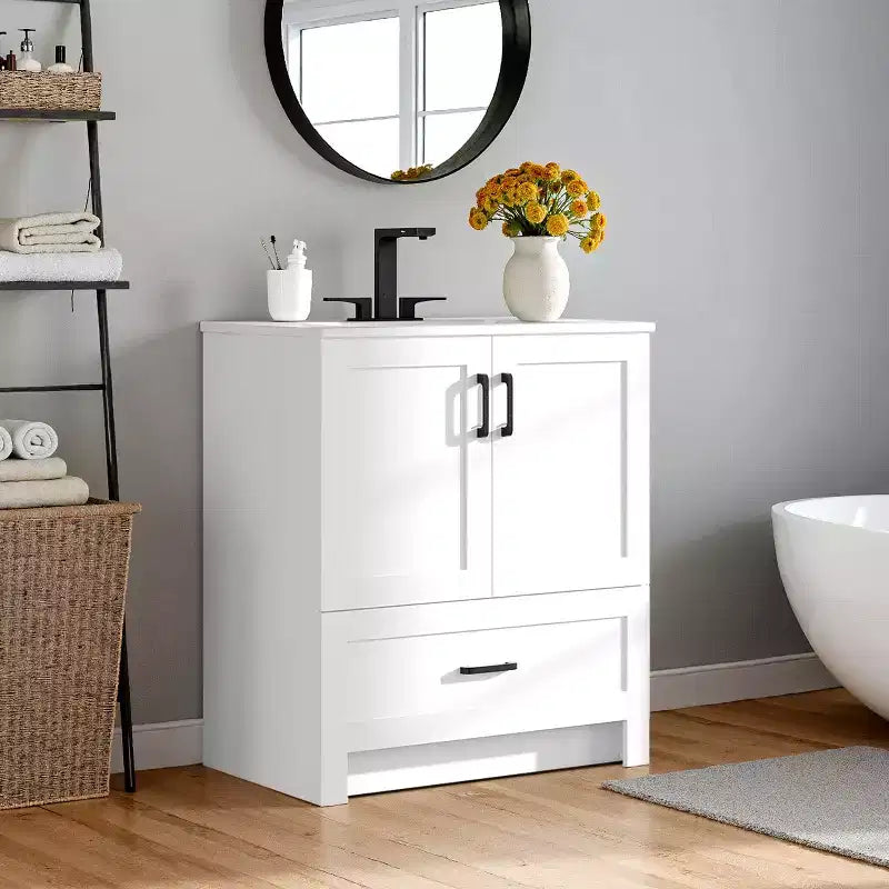 Meuble-lavabo de salle de bain moderne autoportant de 34 pouces de hauteur avec évier, blanc