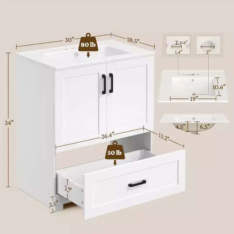 Meuble-lavabo de salle de bain moderne autoportant de 34 pouces de hauteur avec évier, blanc