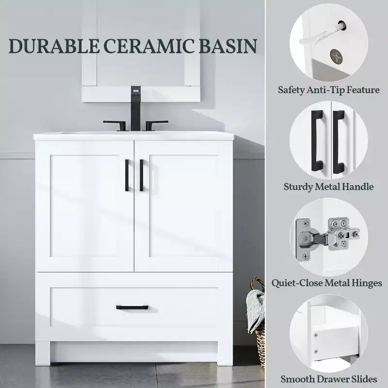 Meuble-lavabo de salle de bain moderne autoportant de 34 pouces de hauteur avec évier, blanc