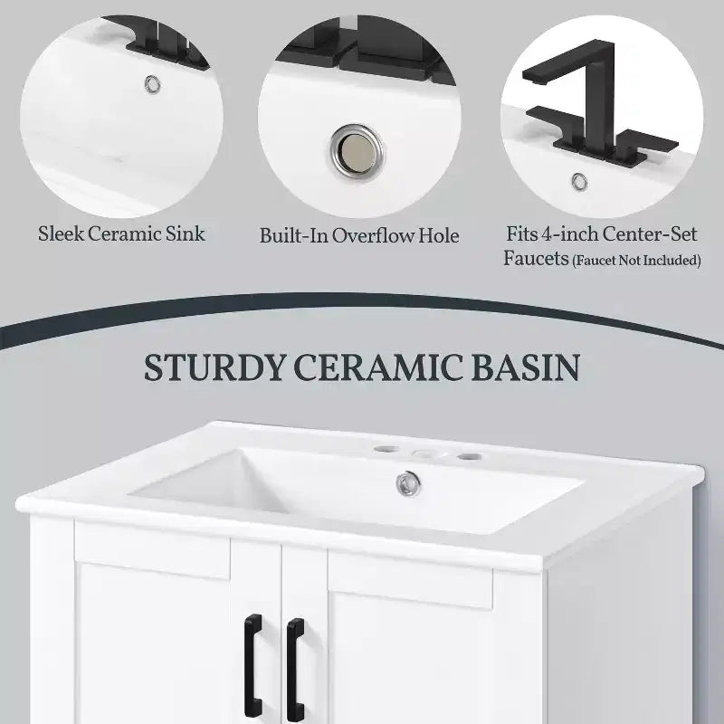 Meuble-lavabo de salle de bain moderne autoportant de 34 pouces de hauteur avec évier, blanc