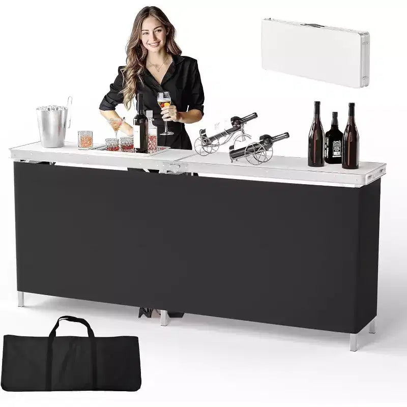 VINGLI 78 Portable Bar Table, 2-Tier Shelves, Mobile Bar Table for Events, Party, Camping, Picnic, Tradeshow, Indoor with Black Skirt