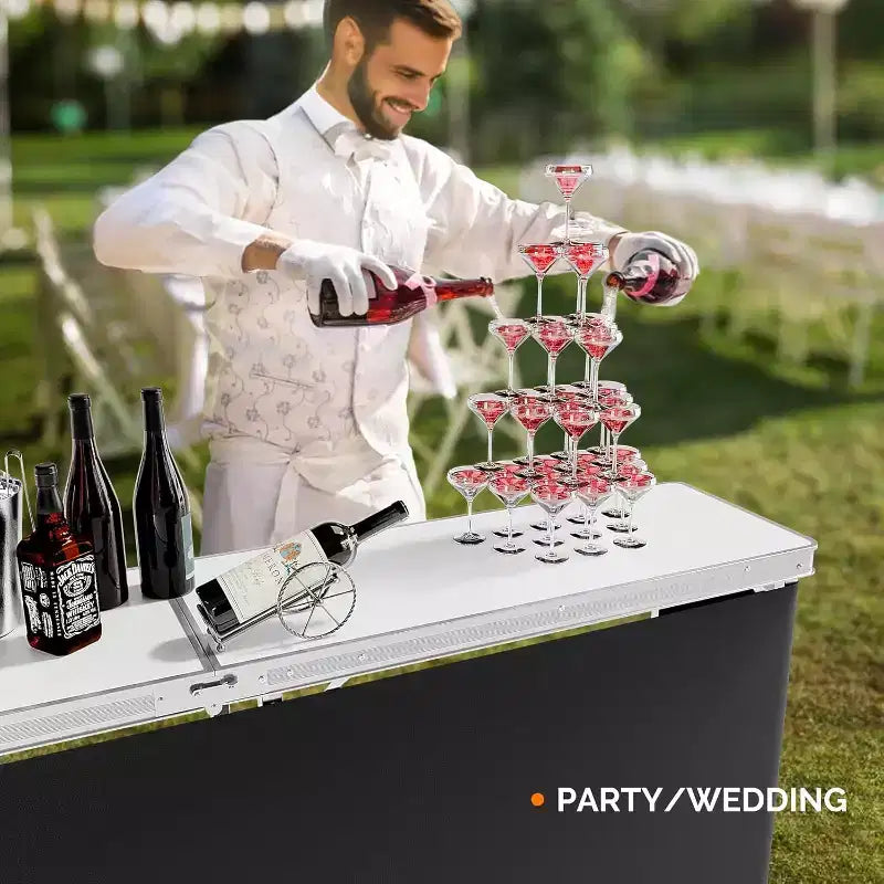 Table de bar portable de 198 cm avec étagères à 2 niveaux, table de bar mobile pour événements, fêtes, camping, pique-niques et salons professionnels