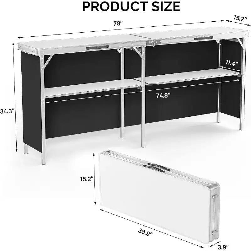 Table de bar portable de 198 cm avec étagères à 2 niveaux, table de bar mobile pour événements, fêtes, camping, pique-niques et salons professionnels