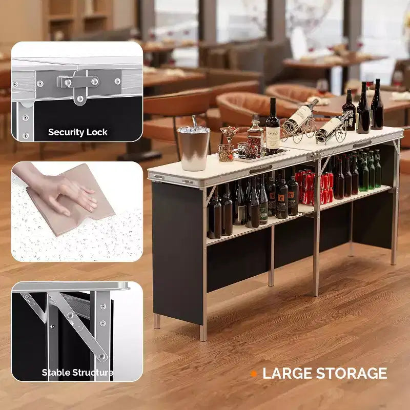 Table de bar portable de 198 cm avec étagères à 2 niveaux, table de bar mobile pour événements, fêtes, camping, pique-niques et salons professionnels